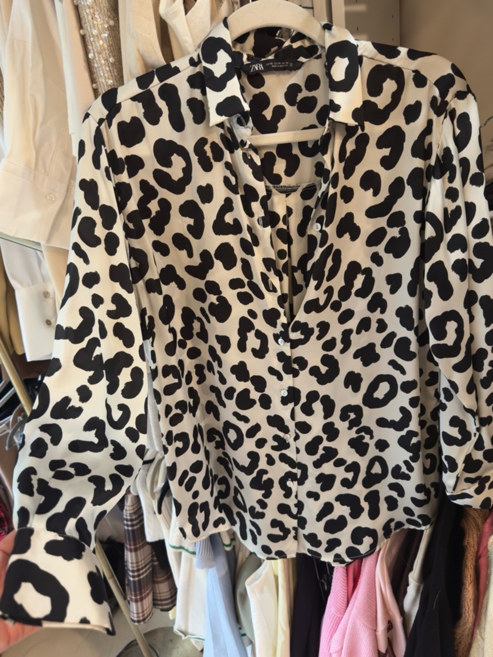 Zara Black and White Leopard Print Button-Down Shirt